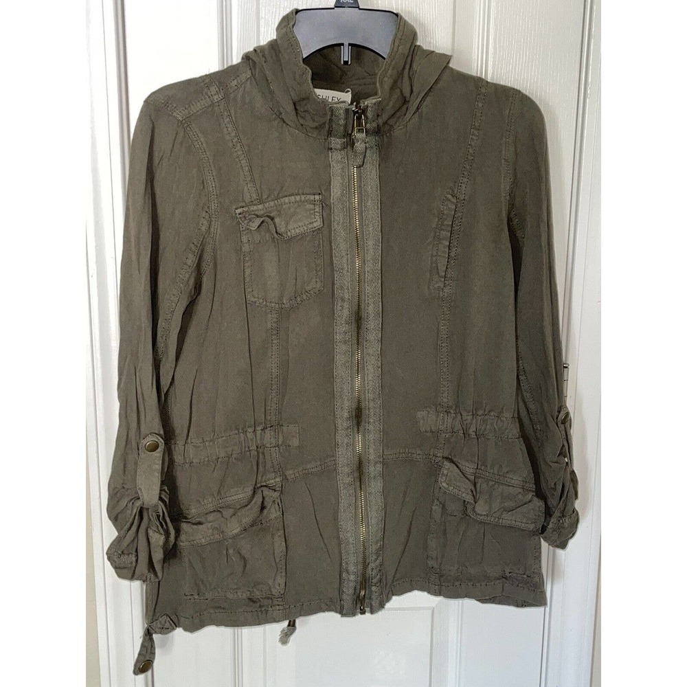 Ashley‎ by 26 Outerwear Army Green Boho Hooded Utility Jacket Size Large